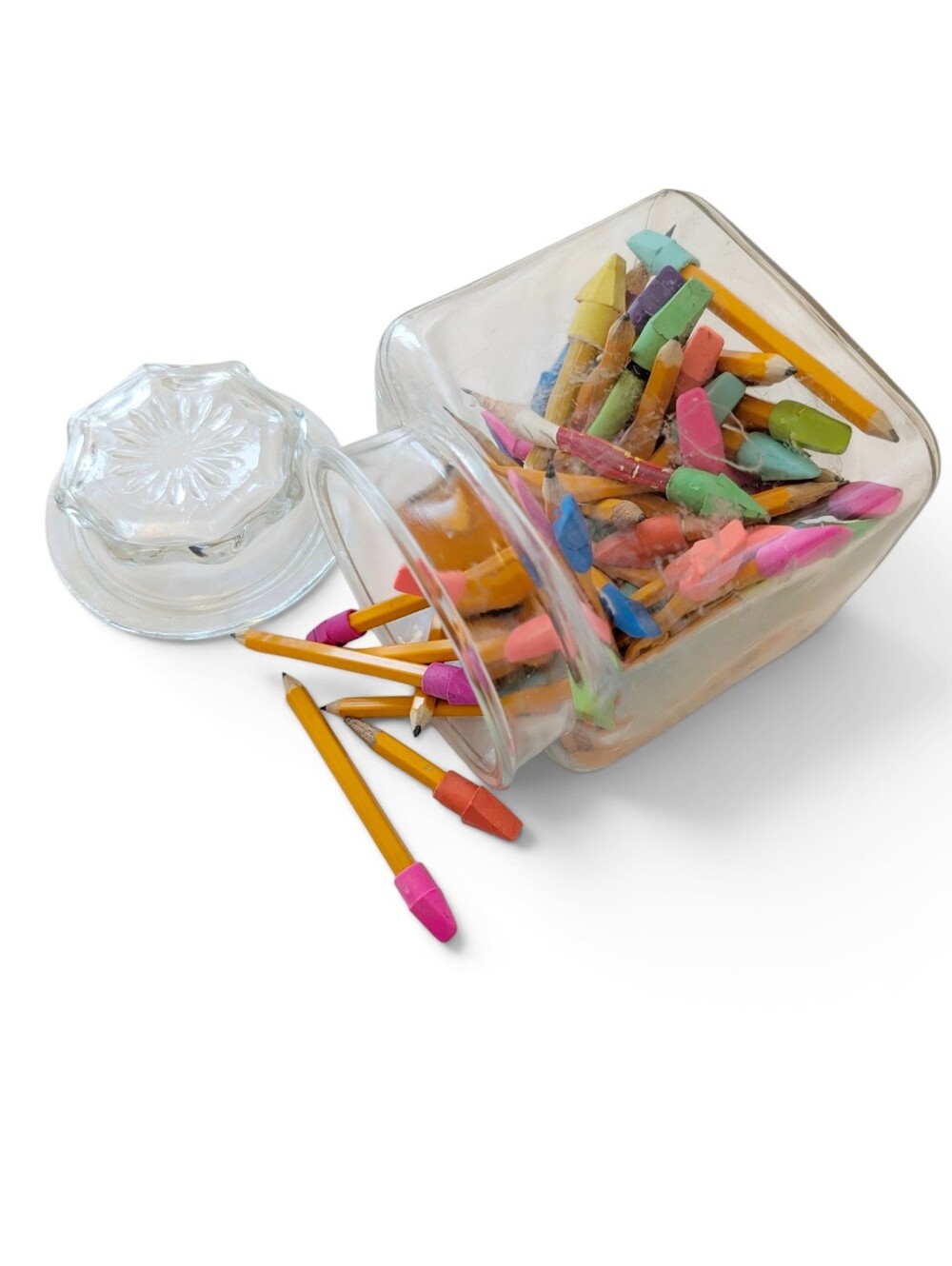 VINTAGE Glass Pencil Jar Lid Mini-Pencils Colorful Quirky Erasers